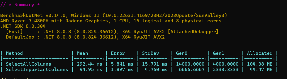 Benchmark Select only important columns