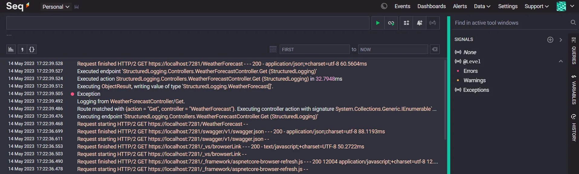 Structured Serilog logs streaming into the Seq dashboard
